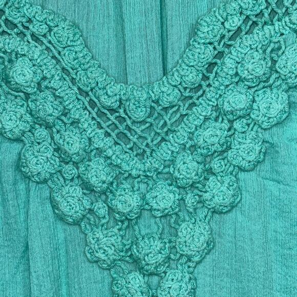 Chaps Embroidered Green Aqua Tank Top Medium Boho Indie Hippie Flowy Fairy - Picture 2 of 6